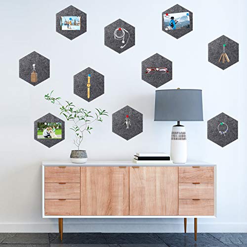 10 Packs Pin Board Hexagon Felt Board Tiles Bulletin Board Memo Board with 20 Pieces Push Pins, Decoration for Home Office Classroom Wall (Dark Gray, 5.9 x 7 Inches/ 15 x 17.7 cm)