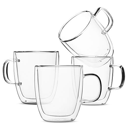 BTaT- Double Wall Glass Cups, Set of 4 (8 oz, 240 ml), Tea Cups, Glass Coffee Mugs, Cappuccino Cups, Latte Cups, Latte Mug, Clear Coffee Cup, Espresso Glass, Glass Tea Cups, Mother's Day Gift