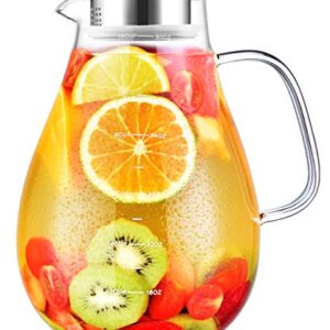 Glass Pitcher, veecom 80oz Water Pitcher with Lid, Large Glass Pitcher with Lid and Spout for Hot&Cold Beverage, Juice, Iced Tea Pitcher for Fridge, Borosilicate Glass Carafe/Jug with Brush