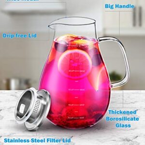 Glass Pitcher, veecom 80oz Water Pitcher with Lid, Large Glass Pitcher with Lid and Spout for Hot&Cold Beverage, Juice, Iced Tea Pitcher for Fridge, Borosilicate Glass Carafe/Jug with Brush