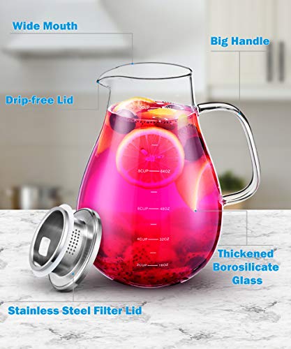 Glass Pitcher, veecom 80oz Water Pitcher with Lid, Large Glass Pitcher with Lid and Spout for Hot&Cold Beverage, Juice, Iced Tea Pitcher for Fridge, Borosilicate Glass Carafe/Jug with Brush