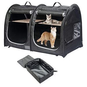 mispace portable twin compartment show house cat cage/condo - easy to fold & carry kennel - comfy puppy home & dog travel crate with portable carry bag/two hammocks/mats and collapsible litter box