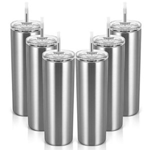 20 oz stainless steel skinny tumbler, 6 pack double wall insulated tumblers with lids and straws, insulated travel water tumbler cup, slim vacuum tumbler travel mug for coffee water drinks, silver