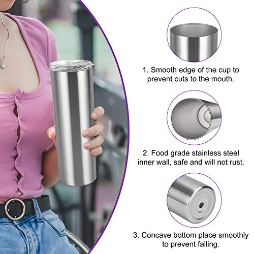 20 Oz Stainless Steel Skinny Tumbler, 6 Pack Double Wall Insulated Tumblers with Lids and Straws, Insulated Travel Water Tumbler Cup, Slim Vacuum Tumbler Travel Mug for Coffee Water Drinks, Silver