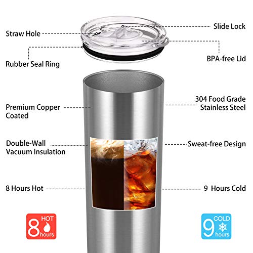 20 Oz Stainless Steel Skinny Tumbler, 6 Pack Double Wall Insulated Tumblers with Lids and Straws, Insulated Travel Water Tumbler Cup, Slim Vacuum Tumbler Travel Mug for Coffee Water Drinks, Silver