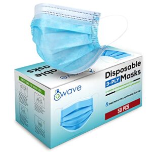 wave essentials blue disposable face masks | indoor/outdoor protective nose & mouth coverings with 3-layer safety shield, elastic ear loops & comfortable universal design for adults & kids | bulk pack of 50