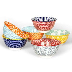 kitchentour ceramic bowls set - 30 oz serving bowls for kitchen - cereal, ice cream, soup, salad, rice, dessert ceramic bowls - assorted colorful design set of 6 - microwave dishwasher safe - 7 inch