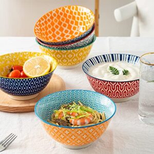 KitchenTour Ceramic Bowls Set - 30 oz Serving Bowls For Kitchen - Cereal, Ice Cream, Soup, Salad, Rice, Dessert Ceramic Bowls - Assorted Colorful Design Set of 6 - Microwave Dishwasher Safe - 7 Inch