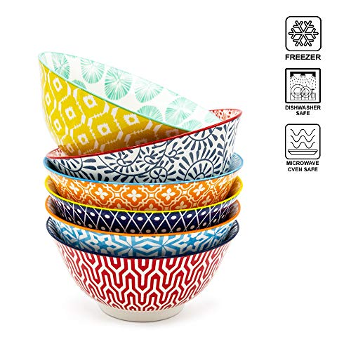 KitchenTour Ceramic Bowls Set - 30 oz Serving Bowls For Kitchen - Cereal, Ice Cream, Soup, Salad, Rice, Dessert Ceramic Bowls - Assorted Colorful Design Set of 6 - Microwave Dishwasher Safe - 7 Inch