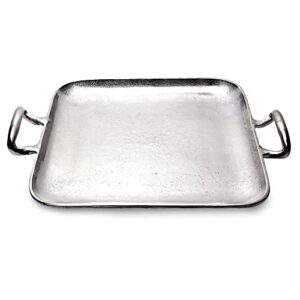 India Handicrafts Brushed Silver Tone Textured Square 17 inch Aluminum Serving Tray with Handles