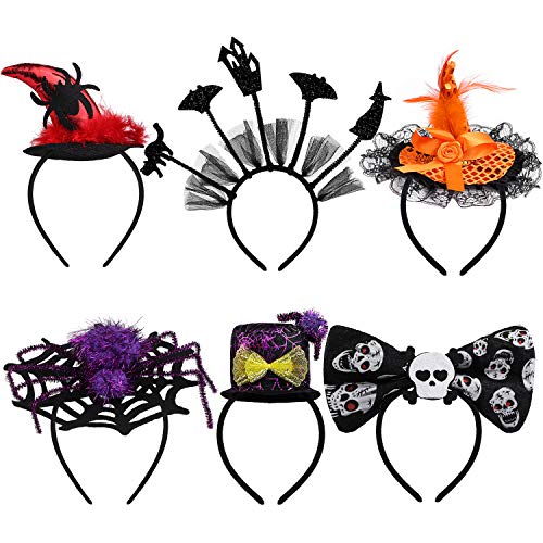 URATOT 6 Styles Assorted Halloween Headbands Witch Spider Web Headbands Bat Skull Headwear for Halloween Party Cosplay Accessories