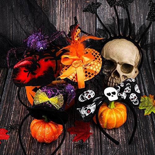 URATOT 6 Styles Assorted Halloween Headbands Witch Spider Web Headbands Bat Skull Headwear for Halloween Party Cosplay Accessories