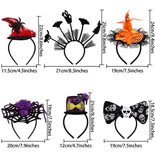 URATOT 6 Styles Assorted Halloween Headbands Witch Spider Web Headbands Bat Skull Headwear for Halloween Party Cosplay Accessories