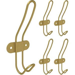 tibres - gold coat wall hooks for towel clothes robe jacket backpack and bag - brushed gold hanger for bathroom - metal double hooks door or wall mounted - set of 5