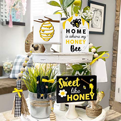 Huray Rayho Bee Wooden Sign Tiered Tray Decor Set of 3, 3D Raised Letter Laser Cutting Bumble Bee Wood Block Spring Summer Farmhouse Home Kitchen Decor Self-Standing Display for Tray, Mantel, Shelf