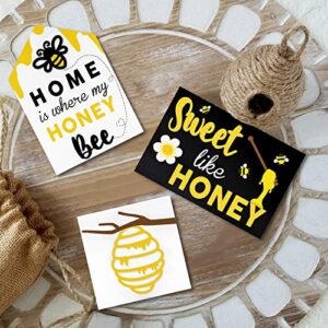 Huray Rayho Bee Wooden Sign Tiered Tray Decor Set of 3, 3D Raised Letter Laser Cutting Bumble Bee Wood Block Spring Summer Farmhouse Home Kitchen Decor Self-Standing Display for Tray, Mantel, Shelf