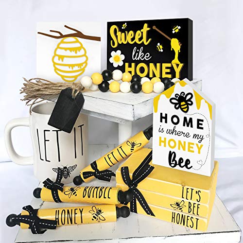 Huray Rayho Bee Wooden Sign Tiered Tray Decor Set of 3, 3D Raised Letter Laser Cutting Bumble Bee Wood Block Spring Summer Farmhouse Home Kitchen Decor Self-Standing Display for Tray, Mantel, Shelf