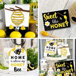 Huray Rayho Bee Wooden Sign Tiered Tray Decor Set of 3, 3D Raised Letter Laser Cutting Bumble Bee Wood Block Spring Summer Farmhouse Home Kitchen Decor Self-Standing Display for Tray, Mantel, Shelf