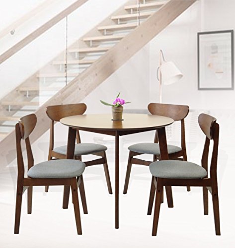 Dining Room Set of 2 Yumiko Chairs and Round Dining Table Kitchen Modern Solid Wood w/Padded Seat, White Color with Light Gray Cushion