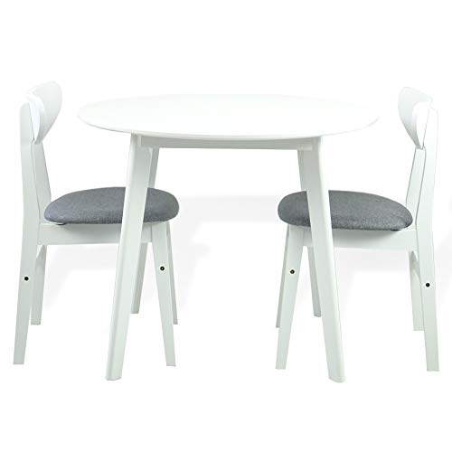 Dining Room Set of 2 Yumiko Chairs and Round Dining Table Kitchen Modern Solid Wood w/Padded Seat, White Color with Light Gray Cushion