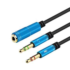 headset splitter adapter for pc, y splitter cable with audio/mic, 3.5mm jack headphone adapter for computer (female to 2 dual male/blue)