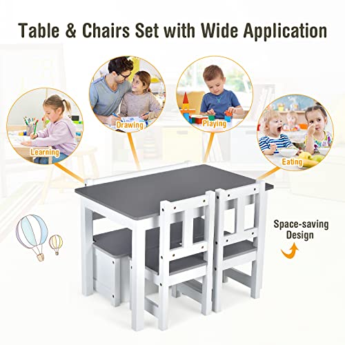 Costzon Kids Table and Chair Set, Wood Activity Table with Toy Storage Bench & 2 Chairs for Children Reading, Arts, Crafts, Snack Time, Homework, Playroom, Toddler Table and Chair Set (Grey)