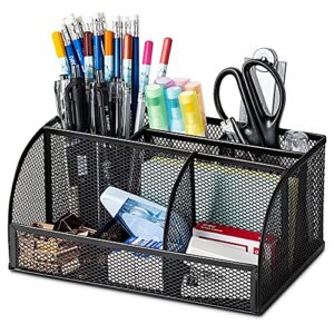 deli mesh desk organizer office desktop organizer with pen holder, metal stationary organizer desk caddy, 7 compartments, black