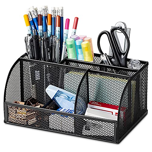 deli Mesh Desk Organizer Office Desktop Organizer with Pen Holder, Metal Stationary Organizer Desk Caddy, 7 Compartments, Black