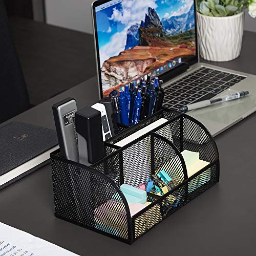 deli Mesh Desk Organizer Office Desktop Organizer with Pen Holder, Metal Stationary Organizer Desk Caddy, 7 Compartments, Black