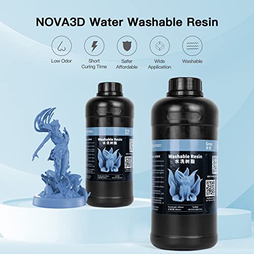 【Third-generation washable resin】NOVA3D Water Washable 3D Resin Lower Odor LCD 3D Rapid Resin 405nm Photopolymer Resin for LCD 3D Printing, Grey, 1000g