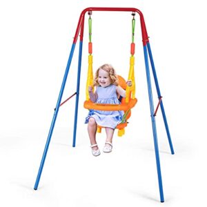 Costzon Toddler Swing Set, Outdoor A-Frame Swing for Backyard with Safety Harness and Handrails, Swing Stand Frame with Anti-Rust Frame for Outdoor Garden Backyard Kindergarten (Swing with Handrails)