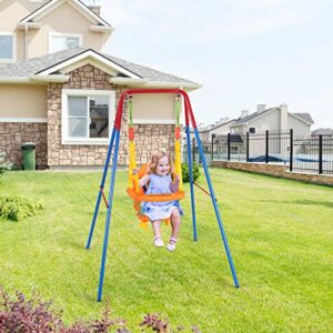 Costzon Toddler Swing Set, Outdoor A-Frame Swing for Backyard with Safety Harness and Handrails, Swing Stand Frame with Anti-Rust Frame for Outdoor Garden Backyard Kindergarten (Swing with Handrails)