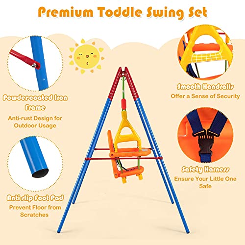 Costzon Toddler Swing Set, Outdoor A-Frame Swing for Backyard with Safety Harness and Handrails, Swing Stand Frame with Anti-Rust Frame for Outdoor Garden Backyard Kindergarten (Swing with Handrails)