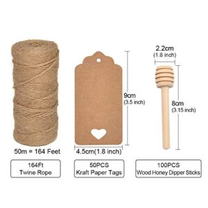 100Pcs 3 Inch Wood Honey Dipper Sticks with Natural Jute Twine & Kraft Paper Tags for Honey Jar Dispense Drizzle Honey Wedding Party Family by BNK