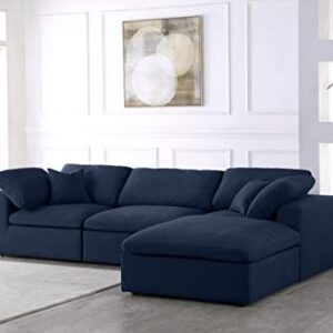 Meridian Furniture Serene Collection Modern | Contemporary Deluxe Comfort Modular Sectional, Soft Linen Textured Fabric, Down Cushions, 2 Corner + 1 Armless + 1 Ottoman, Navy