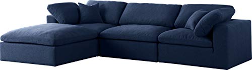 Meridian Furniture Serene Collection Modern | Contemporary Deluxe Comfort Modular Sectional, Soft Linen Textured Fabric, Down Cushions, 2 Corner + 1 Armless + 1 Ottoman, Navy