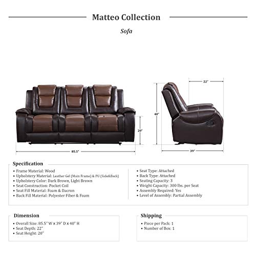 Lexicon Matteo Double Reclining Sofa, Two-Tone Brown