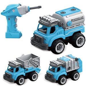 Fistone Take Apart Toy 3 in 1 Remote Control Stem Trucks with Electric Drill and Screwdriver City Squad Building Vehicle Play Toys for Boys Kids