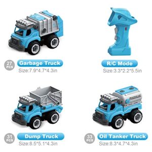 Fistone Take Apart Toy 3 in 1 Remote Control Stem Trucks with Electric Drill and Screwdriver City Squad Building Vehicle Play Toys for Boys Kids