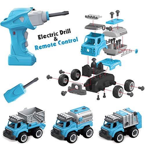 Fistone Take Apart Toy 3 in 1 Remote Control Stem Trucks with Electric Drill and Screwdriver City Squad Building Vehicle Play Toys for Boys Kids