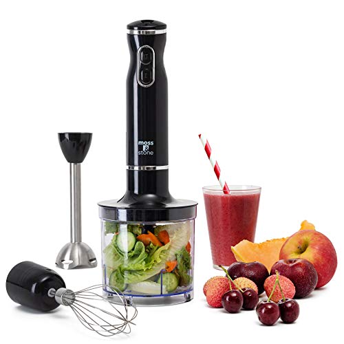 Moss & Stone Hand Blender Electric - With Egg Whisk & Chopper, Powerful 300- Watt - Immersion Hand Blender, Hand Mixer Set Stainless Steel Shaft & Blades, Handheld Blender With Ergonomic Handle (Black)