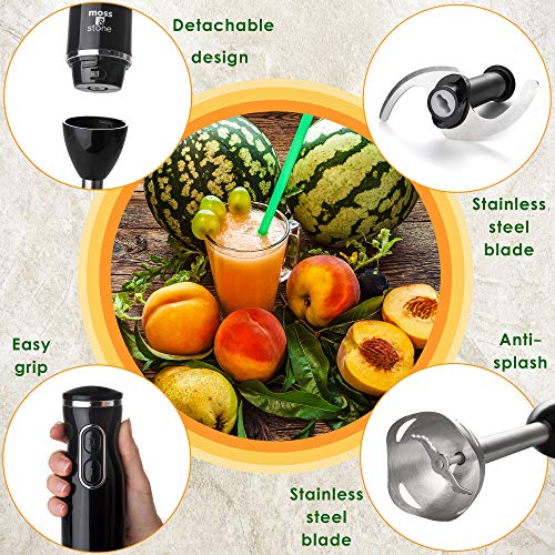 Moss & Stone Hand Blender Electric - With Egg Whisk & Chopper, Powerful 300- Watt - Immersion Hand Blender, Hand Mixer Set Stainless Steel Shaft & Blades, Handheld Blender With Ergonomic Handle (Black)