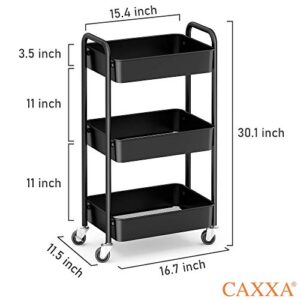 CAXXA 3-Tier Rolling Metal Storage Organizer - Mobile Utility Cart, Kitchen Cart with Caster Wheels (Black)