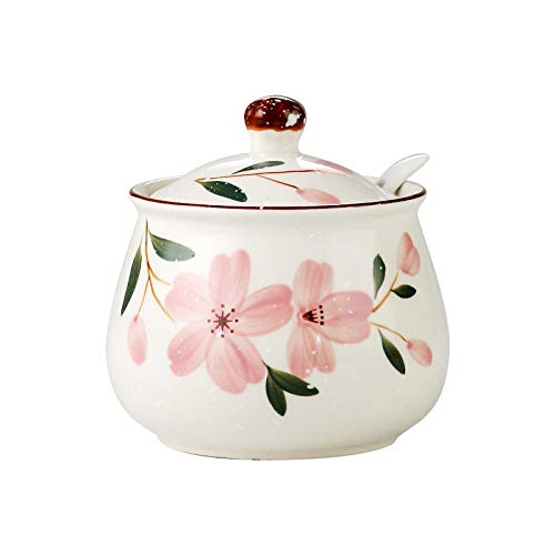 Ceramic Japanese Hand Painted Flower Sugar Bowl Seasoning Jar with Lid Spoon