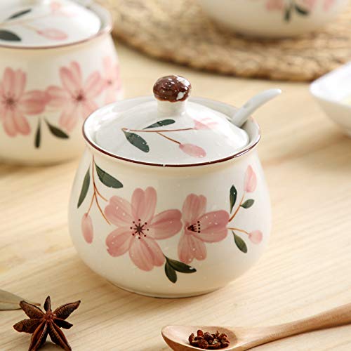 Ceramic Japanese Hand Painted Flower Sugar Bowl Seasoning Jar with Lid Spoon