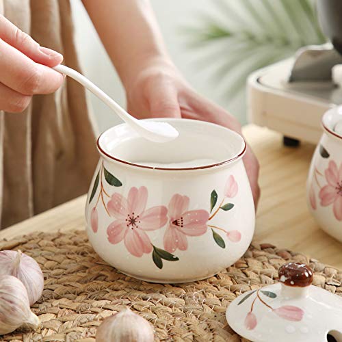 Ceramic Japanese Hand Painted Flower Sugar Bowl Seasoning Jar with Lid Spoon