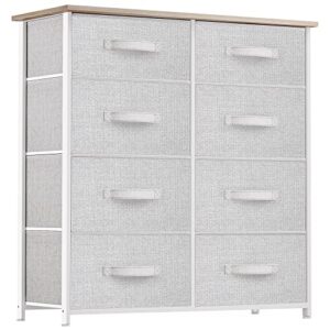 yitahome fabric dresser for bedroom, tall dresser with 8 drawers, storage tower with fabric bins, chest of drawers for closet & living room - sturdy steel frame, wooden top (light grey)