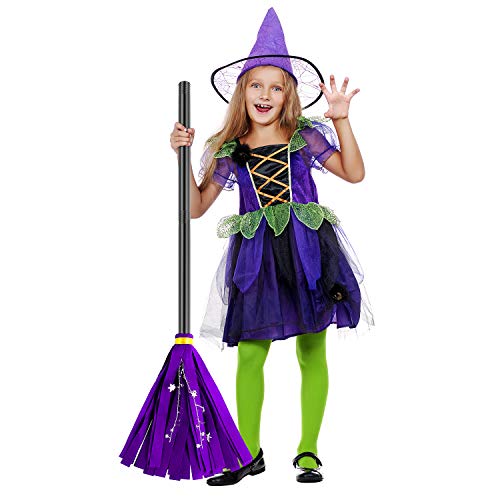 Elcoho 2 Pieces Halloween Props Witches Broom Witch Broomstick Retractable Silver Stars Design Witch Broomstick for Halloween Costume Decoration