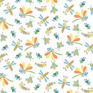 quality fabric dragonflies, happy bugs on white flannel by the 1/4 yard