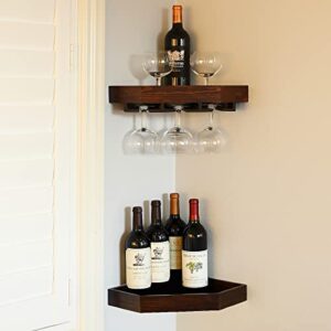welland rustic wood corner floating shelves wall mount corner wine rack -2 pack with 6 glass slot holder